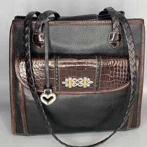 BRIGTON A130143 BLACK LEATHER EMBOSSED BROWN CROC 3 COMPARTMENT WITH SILVER TONE